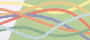 Gekrümmte rote, orange, gelbe, blaue und grüne Linien kreuzen sich auf grünem und weißem Hintergrund und erinnern an einen Datenfluss oder eine abstrakte grafische Darstellung.