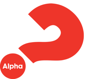 Ein großes rotes Fragezeichen mit einem roten Kreis, der das Wort Alpha in fetter weißer Schrift auf hellgrauem Hintergrund enthält.