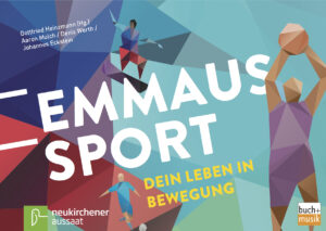 Abstrakte geometrische Figuren beim Sport mit dem fetten Text EMMAUS SPORT Dein Leben in Bewegung auf einem bunten Hintergrund. Logos und Autorennamen erscheinen am oberen und unteren Rand.