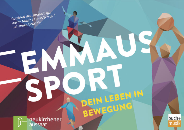 Abstrakte geometrische Figuren beim Sport mit dem fetten Text EMMAUS SPORT Dein Leben in Bewegung auf einem bunten Hintergrund. Logos und Autorennamen erscheinen am oberen und unteren Rand.