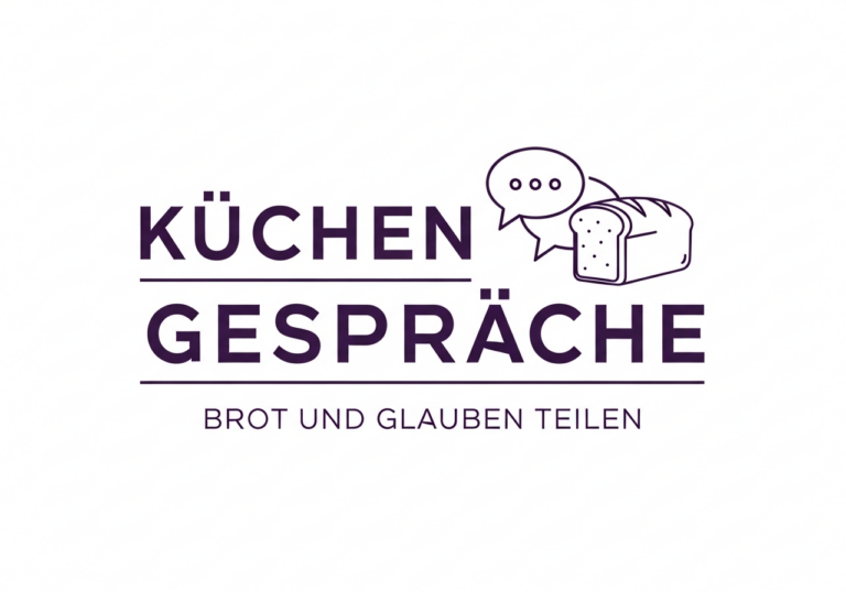 Logo mit Text Küchengespräche und Brot und Glauben teilen, mit einem Brotlaib und zwei Sprechblasen über dem Text.