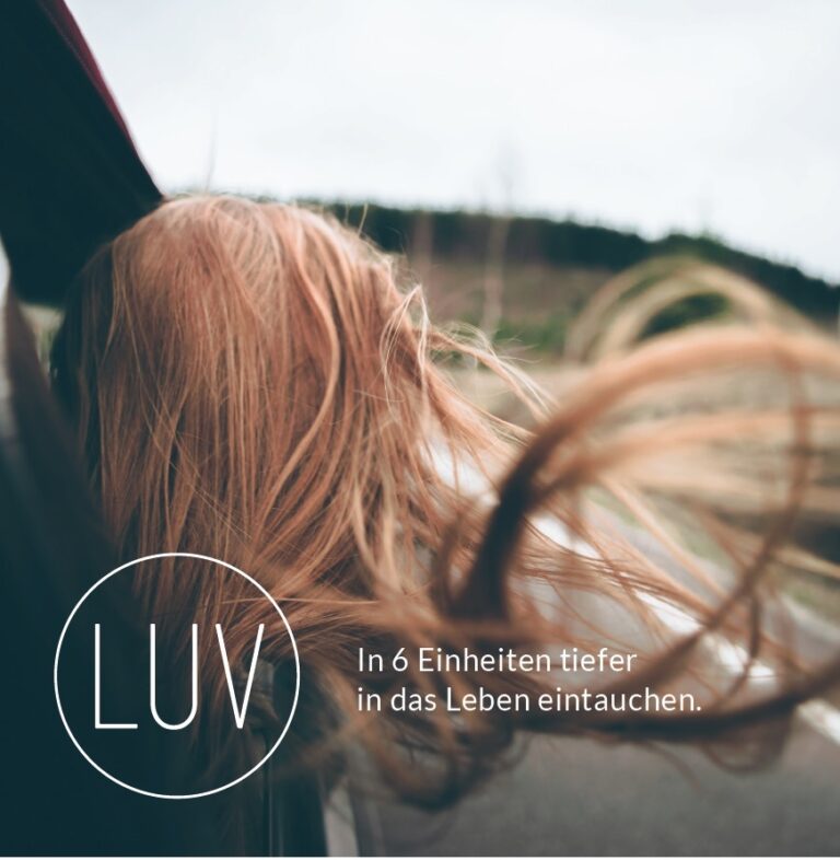 Eine Person mit langen Haaren lehnt sich aus einem Autofenster, die Haare wehen im Wind. Der Text lautet: LUV. In 6 Einheiten tiefer in das Leben eintauchen.