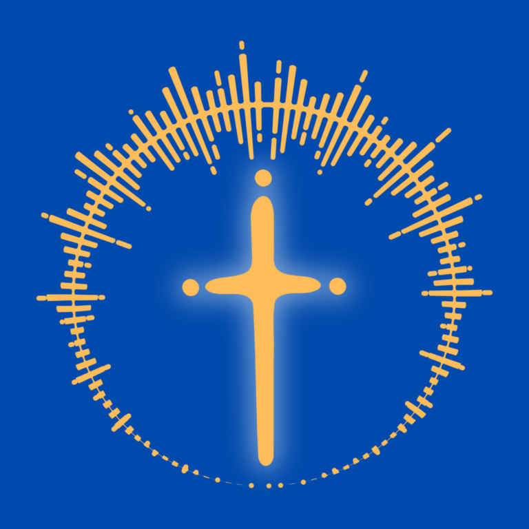 Ein leuchtend gelbes Kreuz, umgeben von einem kreisförmigen Muster aus strahlenden gelben Linien, vor einem einfarbig blauen Hintergrund.