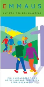 Bunte abstrakte Illustration von Menschen, die auf einem Weg mit Hügeln im Hintergrund und einem Wegweiser spazieren gehen, die für einen Kurs der Glaubensgemeinschaft Emmaus werben.